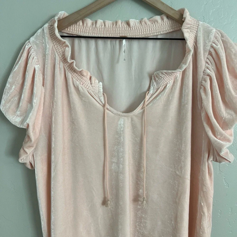 Free People Teresa‎ Velvet XL Light Pink Ruffled Peasant Puff Sleeve Top Boho